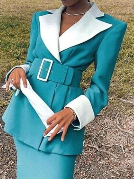 

Split Joint Contrast Stitching Urban Regular Fit Blazer With Belt, As picture, Blazers