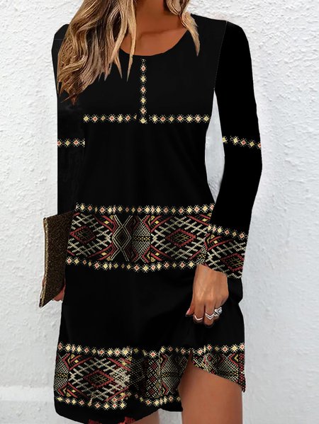 

Women Ethnic Crew Neck Long Sleeve Comfy Vintage Mini Dress, Black, Dresses