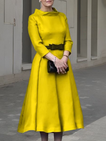 

Plain Regular Sleeve Elegant Stand Collar Dress With Belt, Yellow, Maxi Dresses