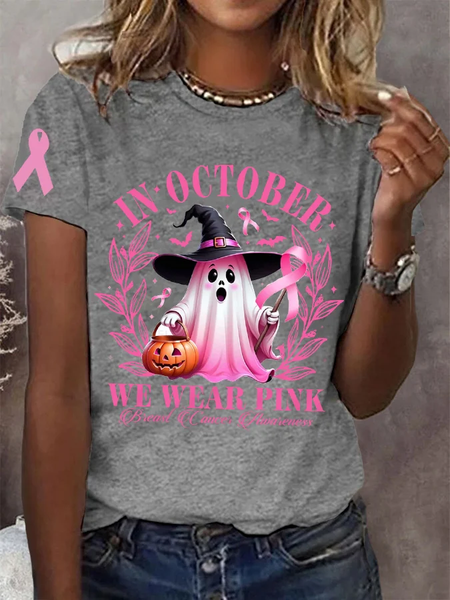 

Women's In October We Wear Pink Halloween Ghost Breast Cancer Awareness Warrior Cotton T-shirt, Gray, T-shirts