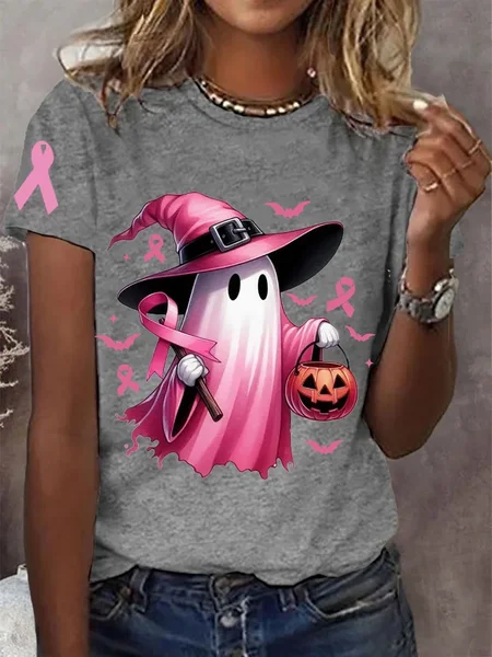 

Women's In October We Wear Pink Halloween Ghost Breast Cancer Awareness Tee, Gray, T-shirts