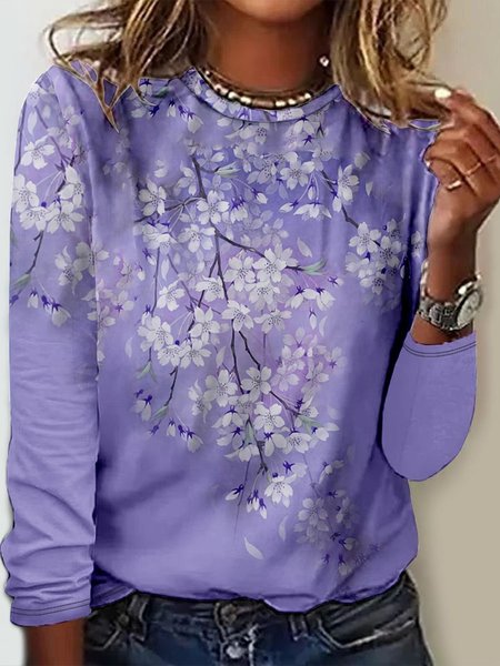 Casual Floral Crew Neck Long Sleeve T-shirt, Green, T-shirts