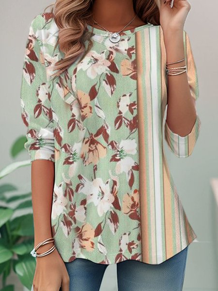Casual Floral Crew Neck Long Sleeve T-shirt, Green, T-shirts