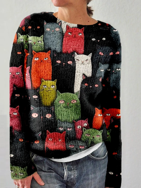 

Cute Cats Graphic Round Neck Cozy Knitted Sweater, Black, Sweaters