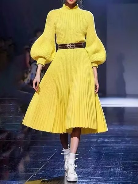 

Regular Fit Elegant Balloon Sleeve Sweater Dress With No Belt, Yellow, Maxi Dresses