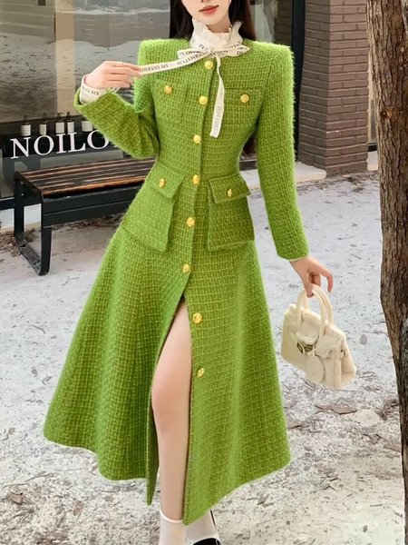 

Plain Elegant Long Sleeve Crew Neck Midi Dress, Green, Midi Dresses