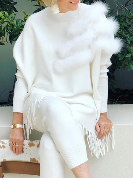 

Elegant Feather-Trimmed Raglan Sleeves Crew Neck Plain Sweater, White, Pullovers