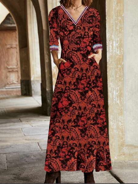 

Women Floral V Neck Long Sleeve Comfy Vintage Maxi Dress, Reddish black, Dresses
