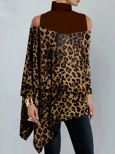 

High Elasticity Casual Leopard Regular Sleeve Turtleneck Long Sleeve Blouse, As picture, Blouses and Shirts