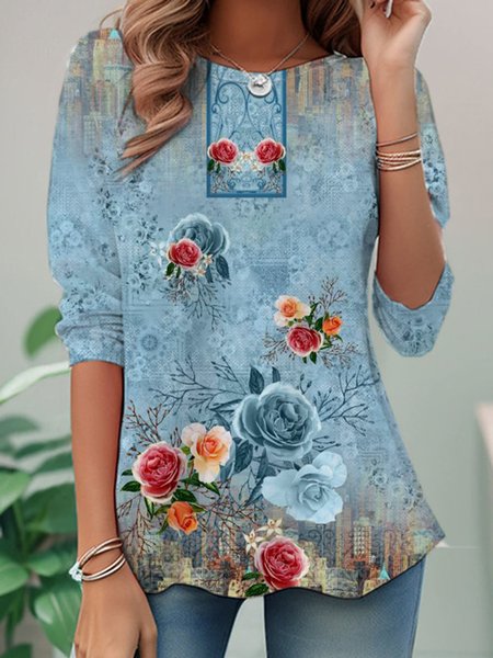 

Casual Floral Crew Neck Long Sleeve T-shirt, Blue, T-shirts