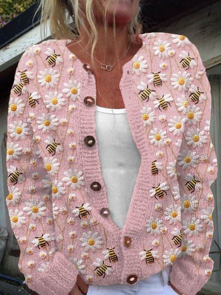 

Women Knitted Plants Long Sleeve Comfy Casual Cardigan, Pink, Cardigans