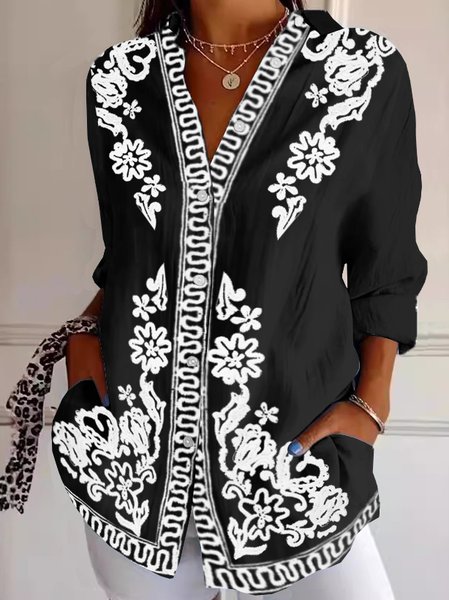 

Women Ethnic Long Sleeve Shirt Spring/Fall Shirt Collar Daily Vintage Top, Black-white, Blouses