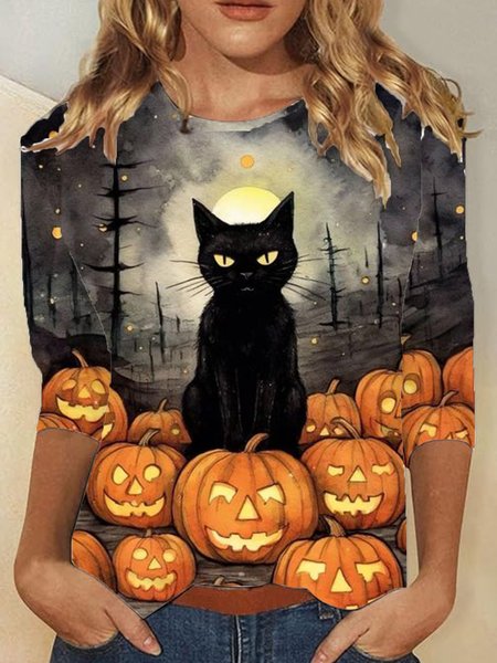 

Casual Halloween Crew Neck Long Sleeve T-shirt, Gray, T-shirts