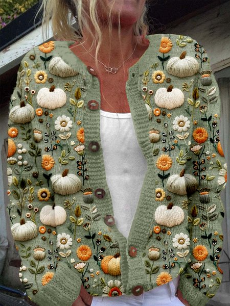 

Fall Pumpkins Embroidered Cozy Knit Cardigan, Green, Cardigans