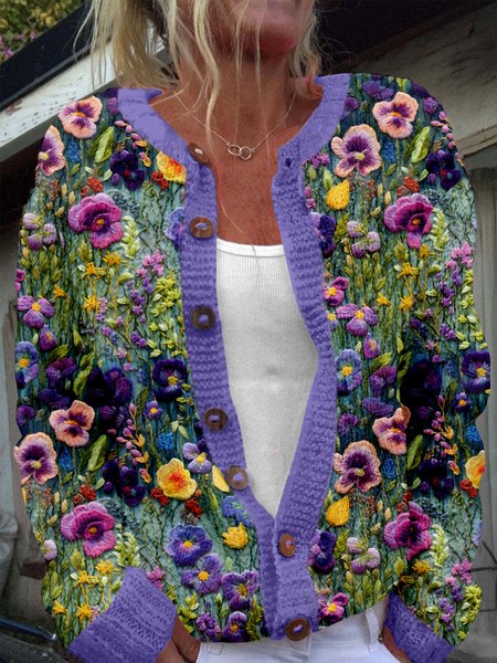

Fashion plant flower art button round neck knitted sweater, Purple, Cardigans