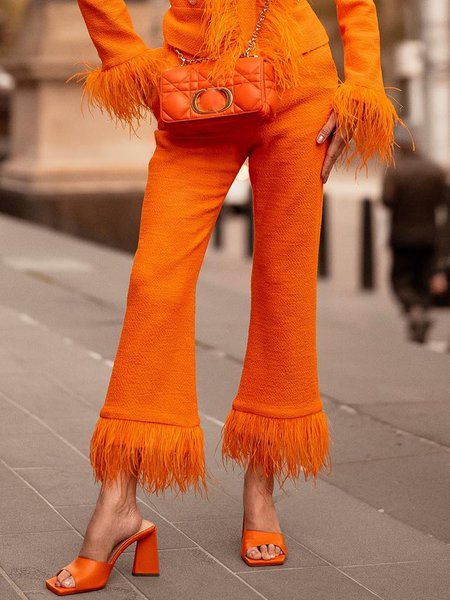 

Urban Regular Fit Plain Feather-trimmed Fashion Pants, Orange, Pants