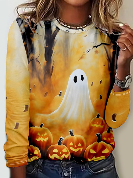 Loose Halloween Casual T-Shirt, Yellow, Long sleeves