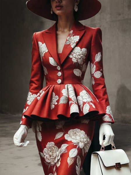 

Floral Printing Urban Lapel Collar Regular Sleeve Jacket, Red, Jackets