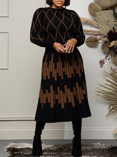 

Geometric Urban Long Sleeve Sweater Dress, Black, Midi Dresses