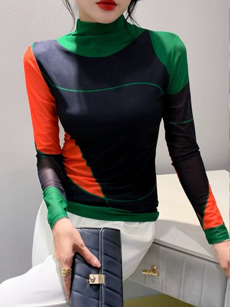 

Regular Sleeve Urban Stand Collar T-Shirt, As picture, Tees