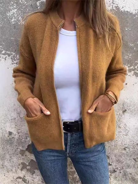 

Zipper Loose Plain Casual Wool/Knitting Jacket, Yellow, Outerwear