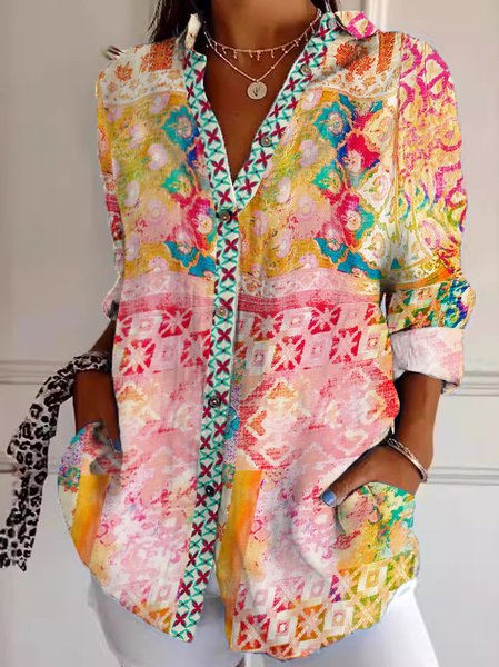 

Women Ethnic Long Sleeve Shirt Spring/Fall Shirt Collar Daily Casual Top, Multicolor, Blouses