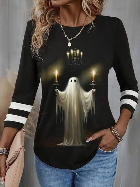 

Casual Halloween Crew Neck Long Sleeve T-shirt, Black, T-shirts