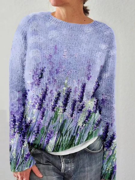 

Knitted Crew Neck Casual Purple Floral Alzheimer's Sweater, Sweaters
