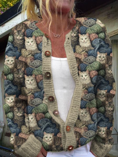 

Retro cat round neck button knit sweater, Green, Cardigans
