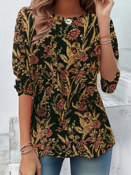 

Vintage Floral Crew Neck T-Shirt, Brown, Long sleeves