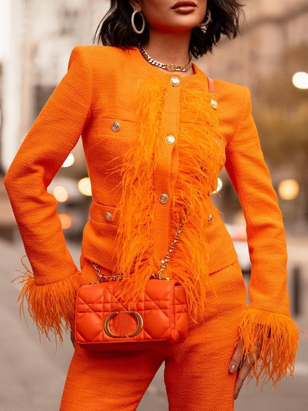 

Feather-Trimmed Urban Buttoned Regular Fit Jacket, Orange, Jackets
