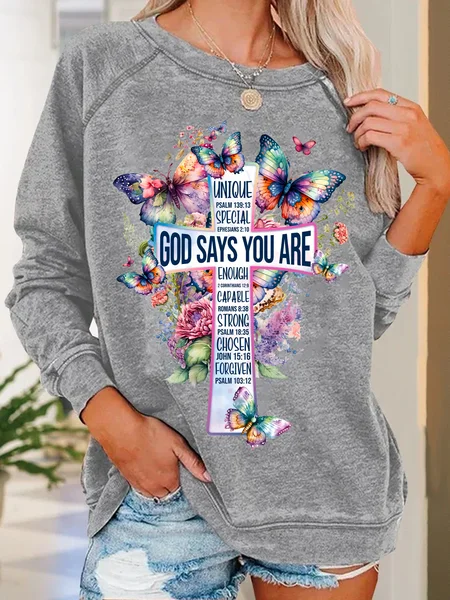 

God Says You Are Cross Bible Verse Cross With Watercolor Flowers And Butterflies Casual Sweatshirt, Light gray, Hoodies&Sweatshirts