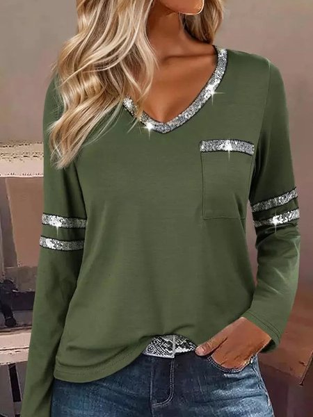 

V Neck Long Sleeve Plain Regular Micro-Elasticity Loose Blouse For Women, Green, Blouses