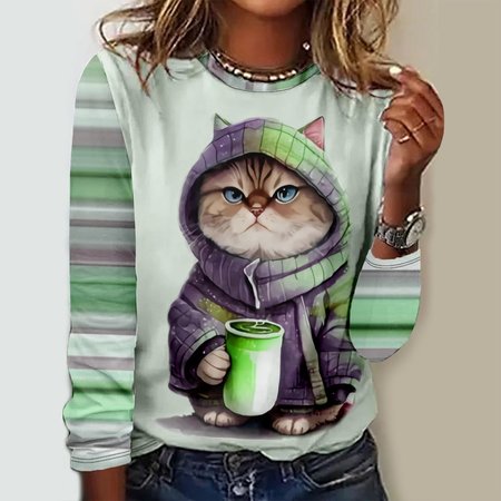 

Casual Cat Crew Neck Long Sleeve T-shirt, Green, T-shirts