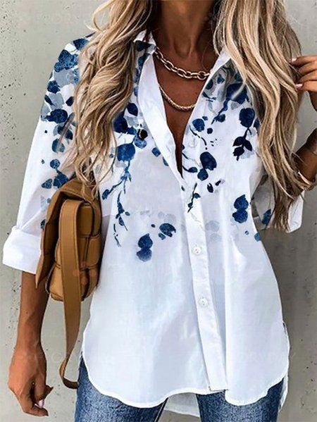 Long Sleeve Floral Printed Shirt Collar Casual Tunic Shirt, White, Shirts