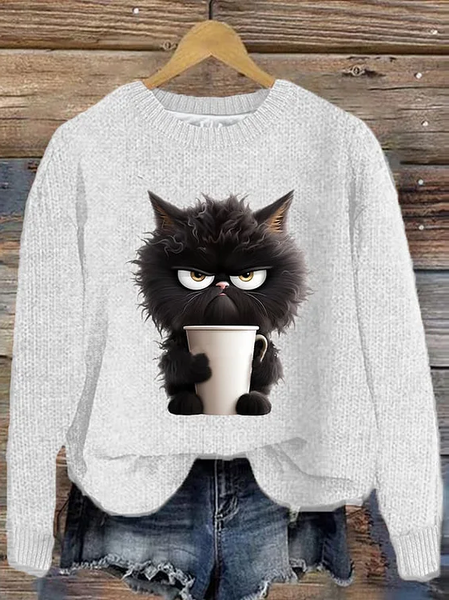 

Grumpy Moring Coffee Cat Printed Knitted Pullover Sweater, White, Sweaters