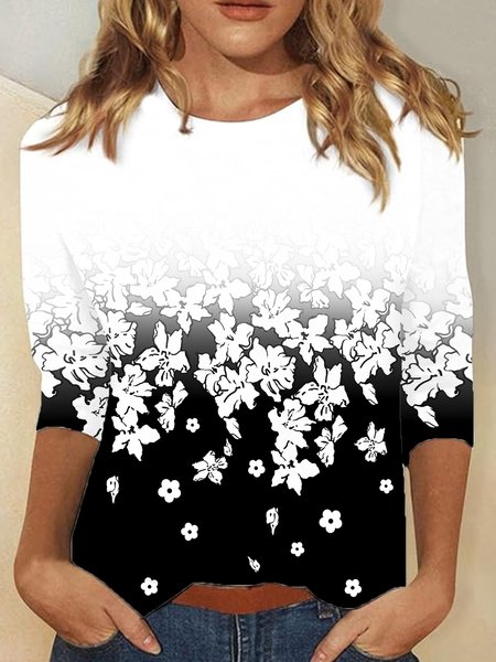 

Casual Floral Crew Neck Long Sleeve T-shirt, Black, T-shirts