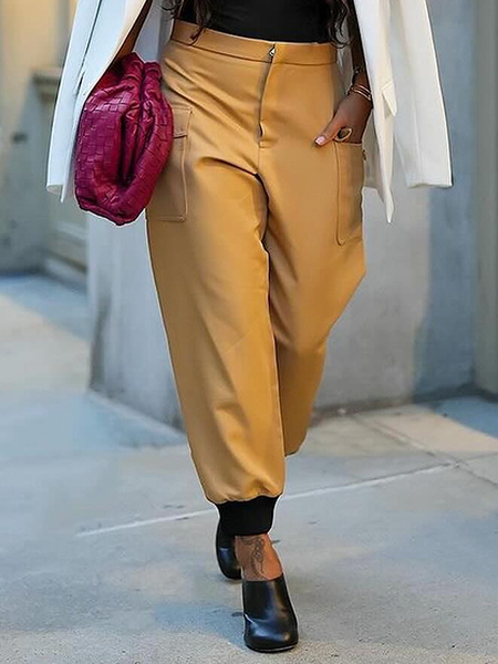 

Pocket Stitching Pu Urban Color Block Faux Leather Pants, Khaki, Pants