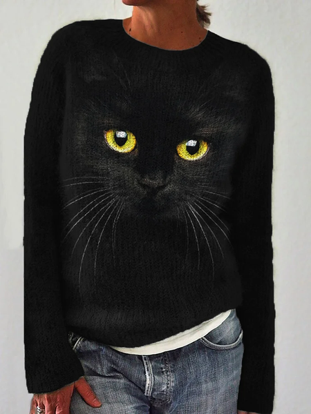 

Black Cat Face Inspired Cozy Knitted Sweater, Sweaters