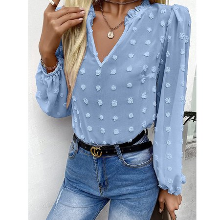

V Neck Long Sleeve Plain Regular Micro-Elasticity Loose Blouse For Women, Sky blue, Blouses