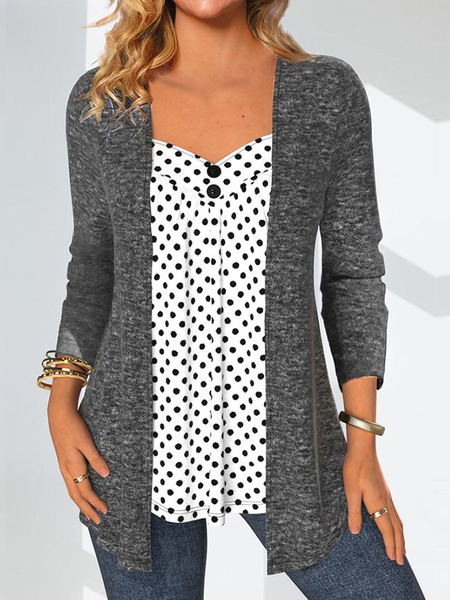 

Stand Collar Long Sleeve Polka Dots Regular Micro-Elasticity Loose Blouse For Women, Gray, Blouses