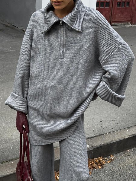 Casual Loose Long Sleeve Plain Sweater, Gray, Pullovers