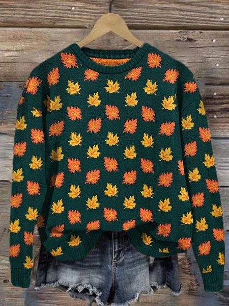 

Maple Leaf Simple Crew Neck Knitted Sweater, Green, Sweaters
