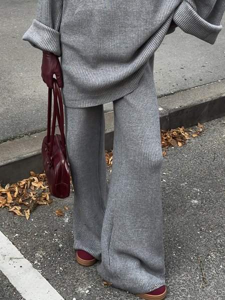 

Wide leg Long Casual Loose Plain Pants, Gray, Knit Pants