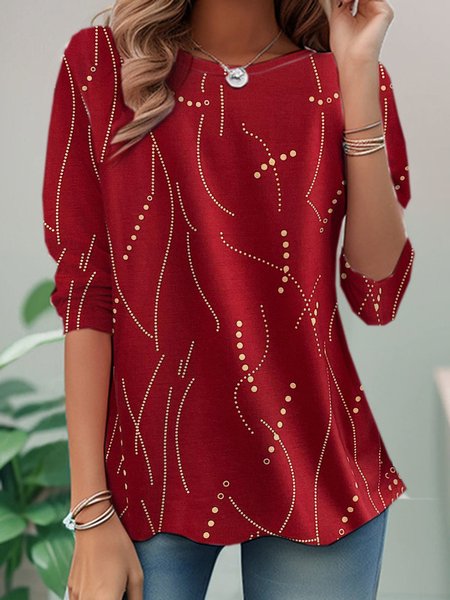 Casual Abstract Crew Neck Long Sleeve T-shirt, Red, T-shirts