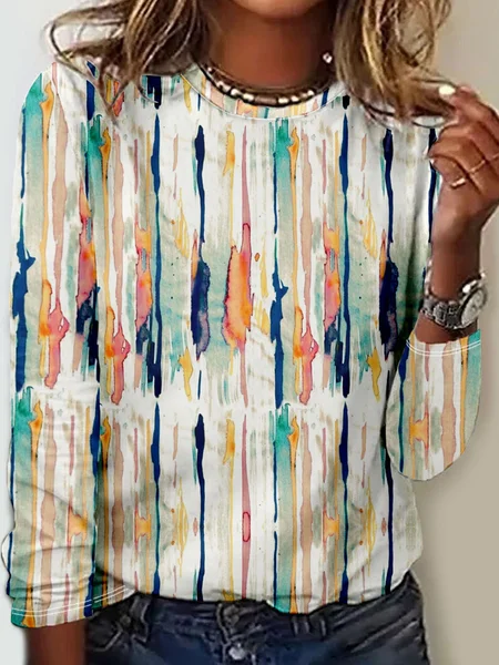 

Casual Abstract Stripes T-Shirt, Multicolor, Long sleeves