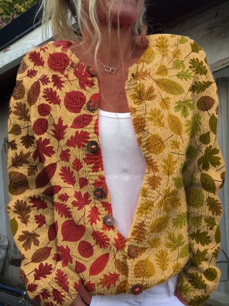

Retro gradient maple leaf button knit sweater, Yellow, Cardigans