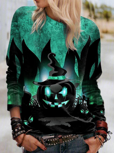 

Casual Halloween Crew Neck Long Sleeve T-shirt, Green, T-shirts