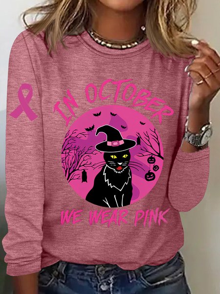 

In October We Wear Pink Breast Cancer Halloween Cat Casual Long Sleeve Shirt, Watermelon, Long sleeves