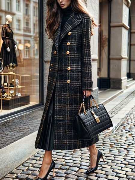 Urban Plaid Buttoned Lapel Collar Coat, As picture, Coats